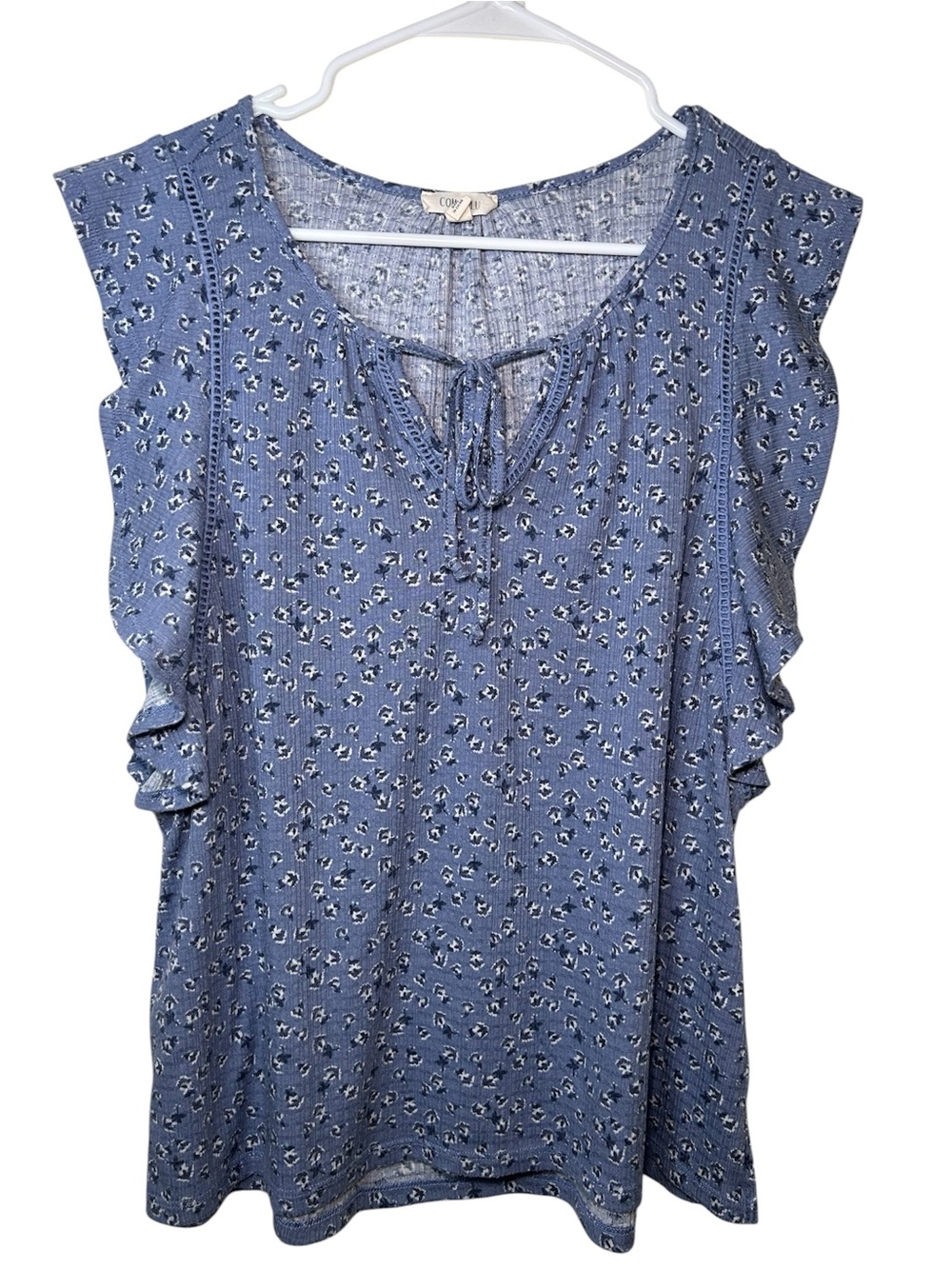 Como Blu Cozy Blue Floral Tie-Neck Ruffle Sleeve Women's Top Medium Girly Summer